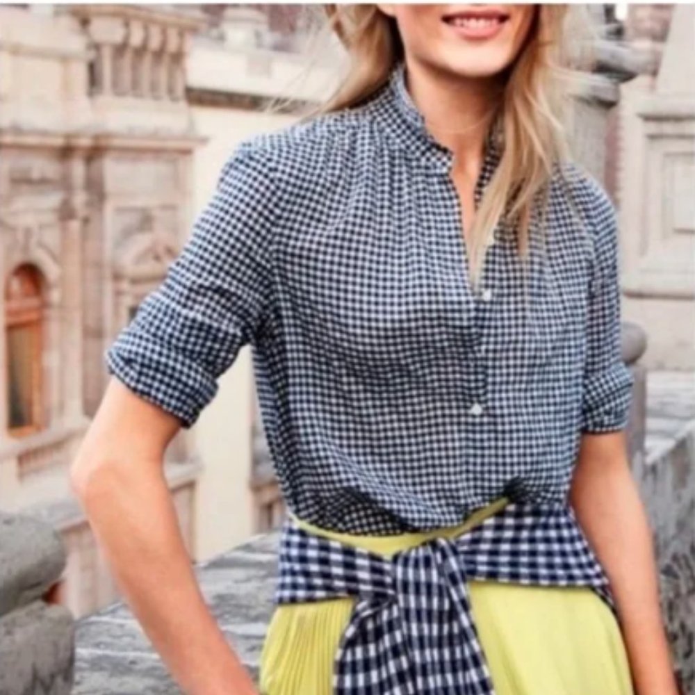 J. Crew Black & White Gingham Tuxedo Popover Top